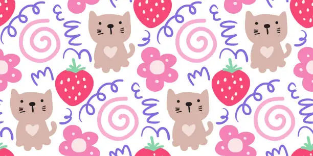 Vector illustration of Hand drawn cute cat, strawberry, flower, and swirl lines doodle seamless pattern