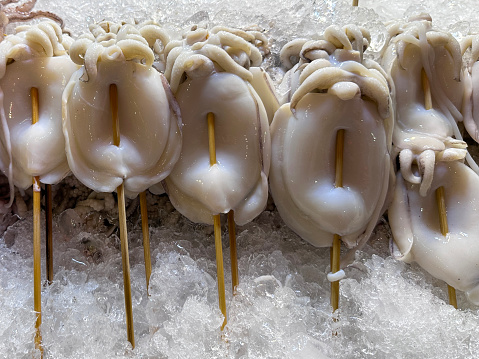 Stock photo showing elevated view of uncooked, cuttlefish on bamboo skewers lying in rows in crushed ice as part of a fishmonger's display.