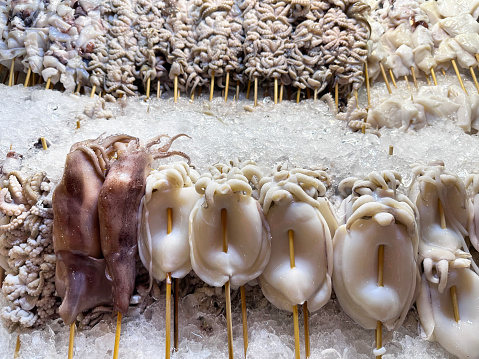 Stock photo showing close-up view of uncooked, squid, baby octopi and cuttlefish on bamboo skewers lying in rows in crushed ice as part of a fishmonger's display.