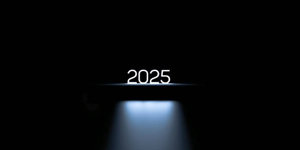 2025, dark glowing figure, date. Abstract calendar year 2025,banner.3D render