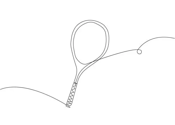 Vector illustration of Tennis racket, sports one line art. Continuous line drawing of tennis, string, sport, fitness, activity, club, game, training, leisure, equipment, professional, championship, play.