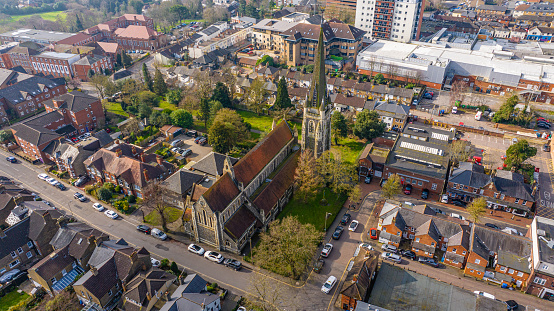 Aerial photo from a drone of Brentwood Church in Essex, UK.