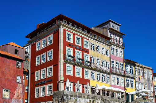 Porto, Portugal - February 21, 2024: Architecture of traditional residential buildings in the waterfront district of the city