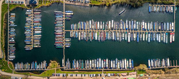 Aerial photo from a drone of Roydon Marina Village in Essex, UK.