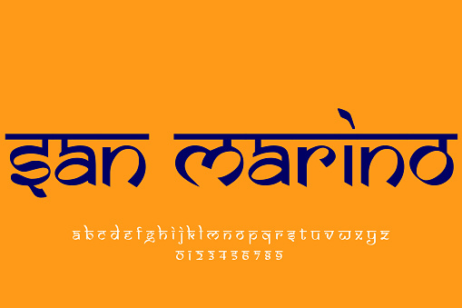 European country San Marino name text design. Indian style Latin font design, Devanagari inspired alphabet, letters and numbers, illustration.