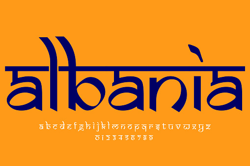 European country Albania name text design. Indian style Latin font design, Devanagari inspired alphabet, letters and numbers, illustration.