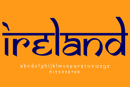 European country Ireland name text design. Indian style Latin font design, Devanagari inspired alphabet, letters and numbers, illustration.