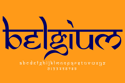 European country Belgium name text design. Indian style Latin font design, Devanagari inspired alphabet, letters and numbers, illustration.