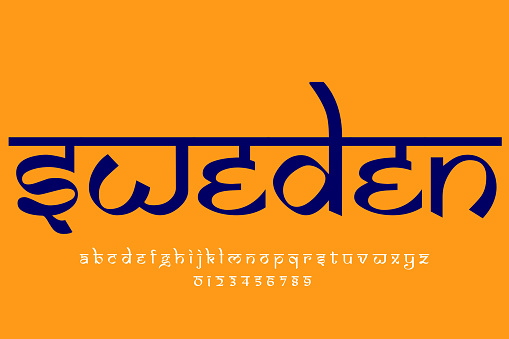 European country Sweden name text design. Indian style Latin font design, Devanagari inspired alphabet, letters and numbers, illustration.