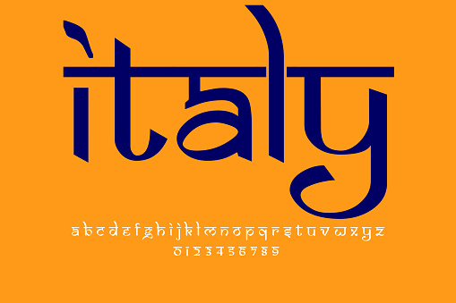 European country Italy name text design. Indian style Latin font design, Devanagari inspired alphabet, letters and numbers, illustration.