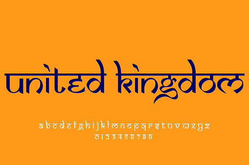 European country United Kingdom name text design. Indian style Latin font design, Devanagari inspired alphabet, letters and numbers, illustration.