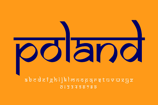 European country Poland name text design. Indian style Latin font design, Devanagari inspired alphabet, letters and numbers, illustration.