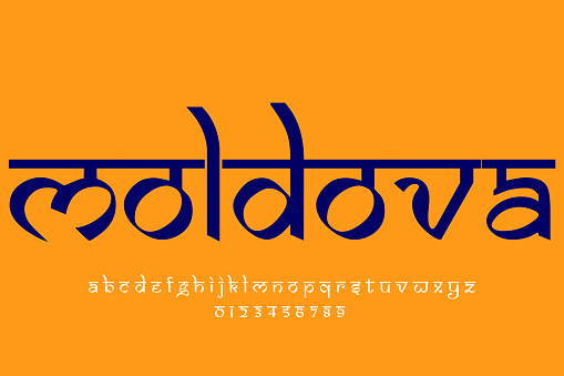 European country Moldova name text design. Indian style Latin font design, Devanagari inspired alphabet, letters and numbers, illustration.