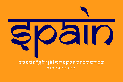 European country Spain name text design. Indian style Latin font design, Devanagari inspired alphabet, letters and numbers, illustration.