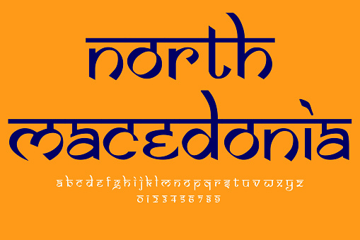 European country North Macedonia name text design. Indian style Latin font design, Devanagari inspired alphabet, letters and numbers, illustration.