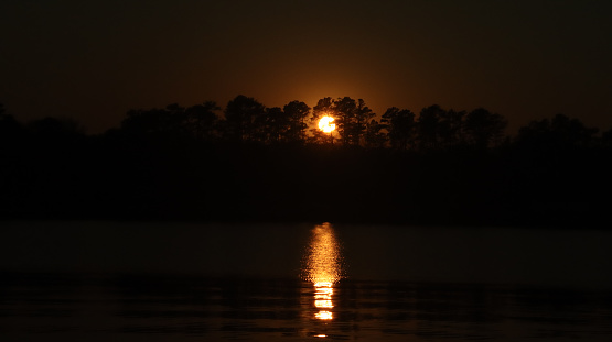 The sun peeks through the pines in this sunset shot taken on beautiful Lake Sinclair in Milledgeville, Georgia.