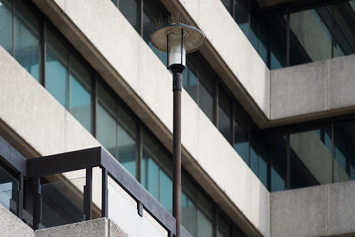 Architecture - street lamp in front of the facade of windows, metal and exposed aggregate concrete of St. Magnus house office building in London, UK