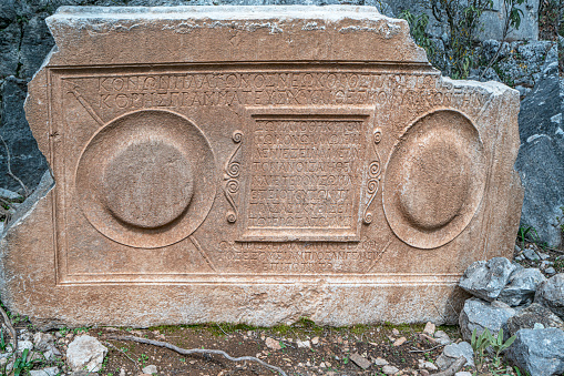 Close-up ancient Rome carved sarcophagus tomb stone