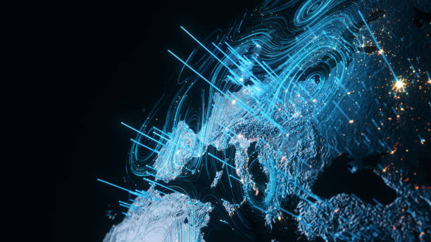 Data Patterns Emerging Over Europe - Dark, Blue - Analyzing Global Data Flow, Business, Technology 3d rendered image, perfectly usable for all kinds of topics related to big data, global business and finance or climate change. world map network stock pictures, royalty-free photos & images