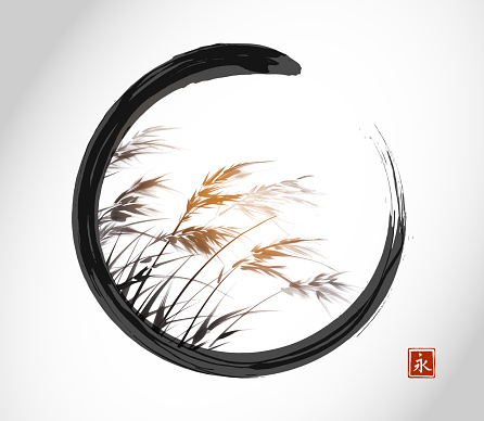 Ink painting of grass on the wind in black enso zen circle. Traditional oriental ink painting sumi-e, u-sin, go-hua. Translation of hieroglyph - eternity.