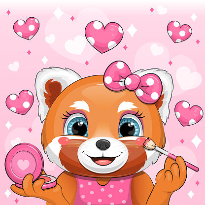 Vector illustration of animal with blush and brush on pink background and heart.