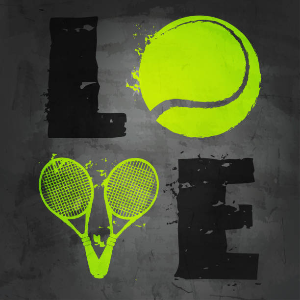 illustrazioni stock, clip art, cartoni animati e icone di tendenza di concetto di sport e vittoria in stile moderno. pallina da tennis sportiva con racchette da tennis con grunge strutturata con amore. elegante francobollo vettoriale per competizioni sportive. - tennis court love victory