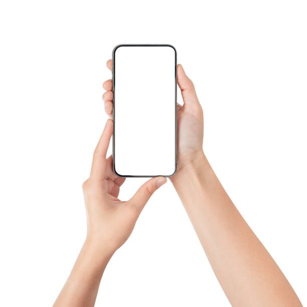 istock Hand holding smartphone with blank screen isolated on white background. 2070784706