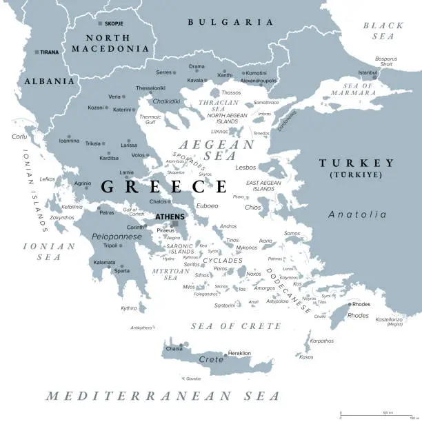 Vector illustration of Greece, the Hellenic Republic, with capital Athens, gray political map