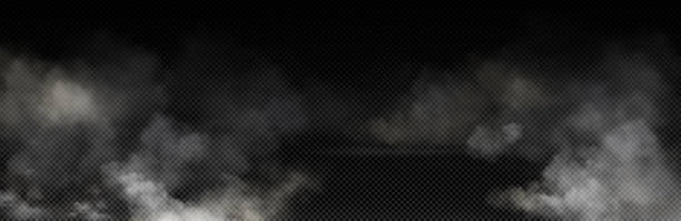 White smoke cloud with overlay effect White smoke cloud with overlay effect on transparent background. Realistic border with fog. Vector illustration of smoky mist or toxic vapor on floor. Meteorological phenomenon or condensation. water on black surface stock illustrations