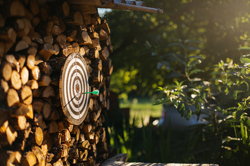 Dartboard placed in the yard with dart on it placed in the center. Achievment concept