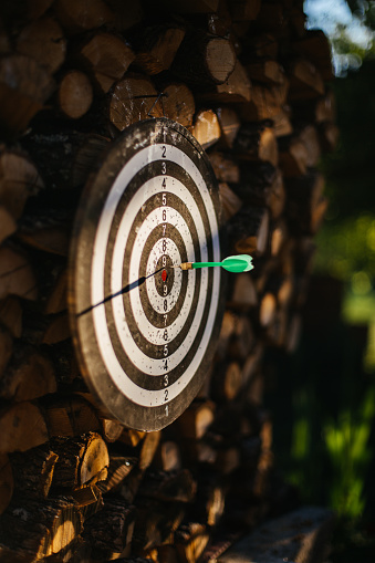 Dartboard placed in the yard with dart on it placed in the center. Achievment concept