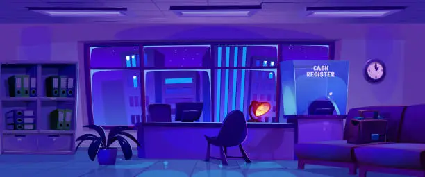 Vector illustration of Empty dark bank office interior at night.