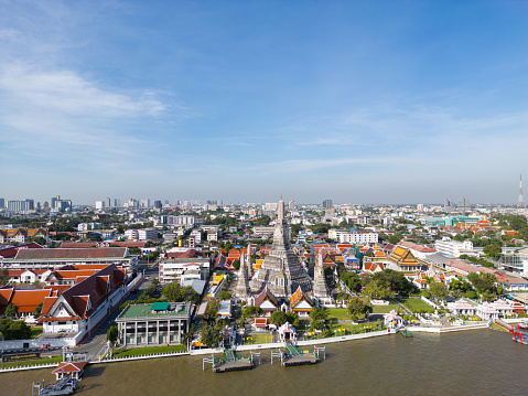 Aerial view Pagoda at Wat Arun or Temple of dawn a tourist landmark near Chao Phra Ya river in Bangkok Thailand.