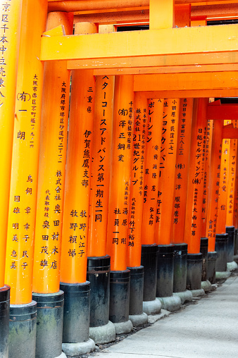 Kyoto, Japan - December 29, 2019. Exterior of the many Torii comprising the world famous Fushimi Inari Shrine in Kyoto, Japan.