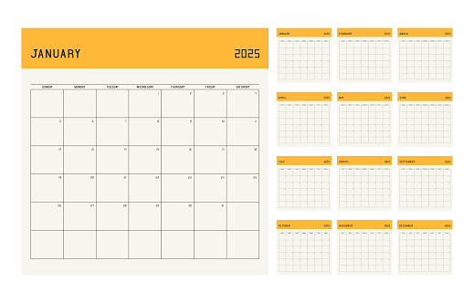 Calendar planner template for 2025 year. Week starts on Sunday with notes.