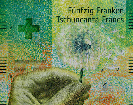 Closeup of 50 Swiss franc banknote for design purpose