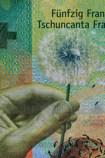 Closeup of 50 Swiss franc banknote for design purpose