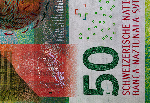 Closeup of 50 Swiss franc banknote for design purpose