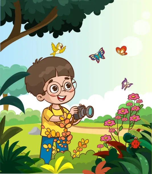 Vector illustration of Cute kids character with camera photographing nature.kids taking photo and nautre cartoon vector