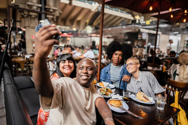 Group of friends taking a selfie at restaurant