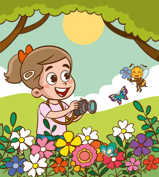 Vector illustration of Cute kids character with camera photographing nature.kids taking photo and nautre cartoon vector