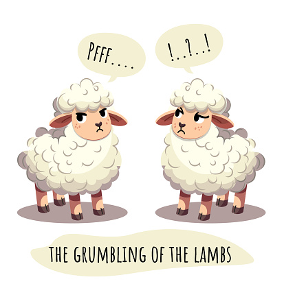 Two dissatisfied white curly sheep grumble. The grumbling of the lambs. Animals character isolated on white background, cartoon vector style.