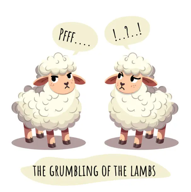 Vector illustration of Two dissatisfied white curly sheep grumble. The grumbling of the lambs. Animals character isolated on white background, cartoon vector style.