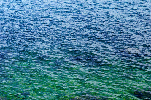 Aerial view of the wavy sea surface of turquoise and blue color