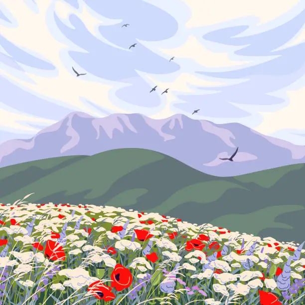 Vector illustration of Landscape with  Mountains and   Wildflowers Field