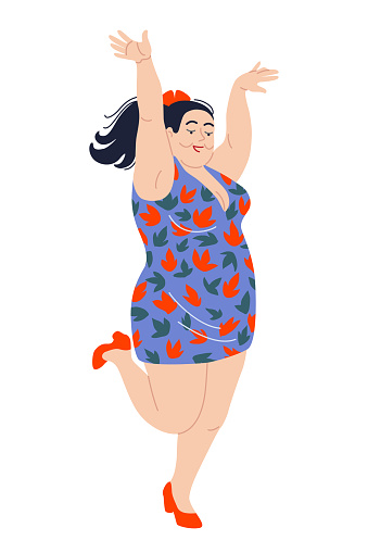Happy dancing plus size woman isolated on white background. Plump lady in a colored dress. Body positivity concept. Simple vector illustration in flat cartoon style.