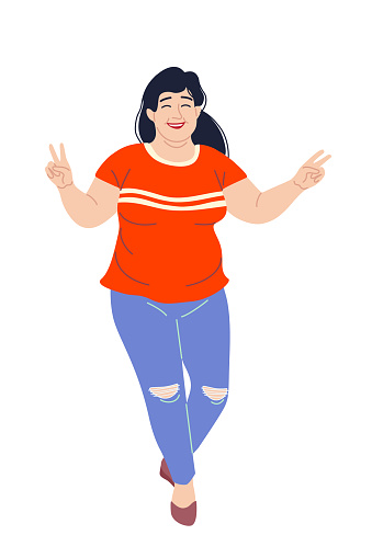 Happy dancing plus size woman isolated on white background. Plump lady in blue trousers and red T-shirt. Body positivity concept. Simple vector illustration in flat cartoon style.