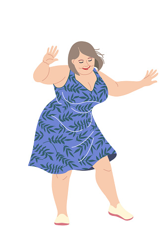 Happy dancing plus size woman isolated on white background. Plump lady in a blue dress. Body positivity concept. Simple vector illustration in flat cartoon style.