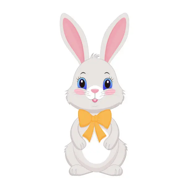 Vector illustration of Cute gray rabbit in a yellow bow, flat illustration for children's books, Easter, children's party