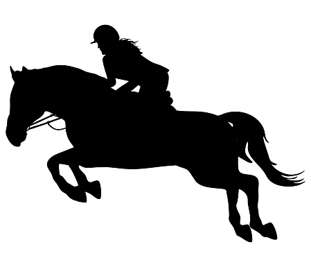 Silhouette of jockey and jumping horse, equestrian sport. Vector illustration